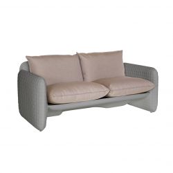 Sofa Mara, structure effet cuir gris clair, coussin tissu sable, Slide
