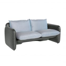 Sofa Mara, structure effet cuir gris éléphant, coussin tissu bleu, Slide