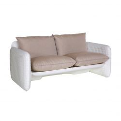 Sofa Mara, structure effet cuir blanc, coussin tissu sable, Slide