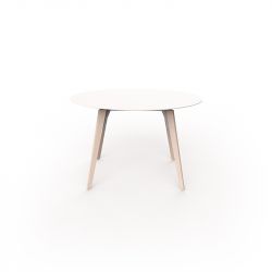 Table ronde Faz Wood plateau HPL blanc intégral, pieds chêne blanchis, Vondom, diamètre 120cm H74cm