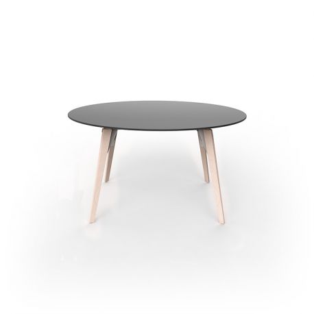 Table à manger ronde Faz Wood plateau HPL noir et bord noir, pieds chêne blanchis, Vondom, diamètre 120cm H74cm