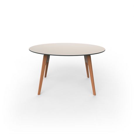 Table à manger ronde Faz Wood plateau HPL blanc et bord noir, pieds chêne naturel, Vondom, diamètre 120cm H74cm