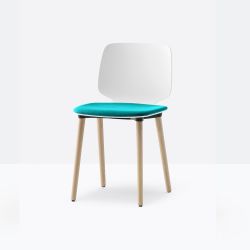 Lot de 2 chaises design rembourrées Babila 2750/A, assise blanche, coussin bleu C118, pieds bois, Pedrali