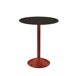 Brut, table ronde d'extérieur, Magis pied rouge, plateau HPL noir 60 cm