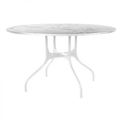 Mila grande table ronde design, Magis plateau en marbre blanc de Carrare, pieds en acier blanc, diamètre 130 cm
