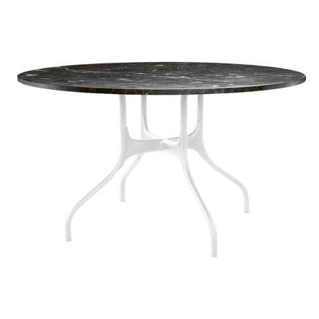 Mila grande table ronde design, Magis plateau en marbre noir Marquinia, pieds en acier blanc, diamètre 130 cm